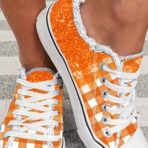 Orange Checkered Flat Canvas Shoes