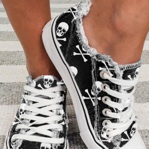 Black Skull Print Lace-up Canvas Sneakers