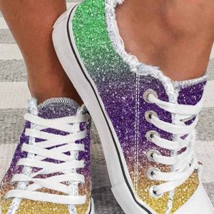 Multicolor Shiny Gradient Raw Hem Lace-up Flat Canvas Shoes