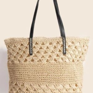 Fame Faux Leather Handle Knitted Tote Bag