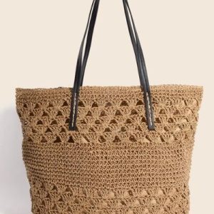 Fame Faux Leather Handle Knitted Tote Bag